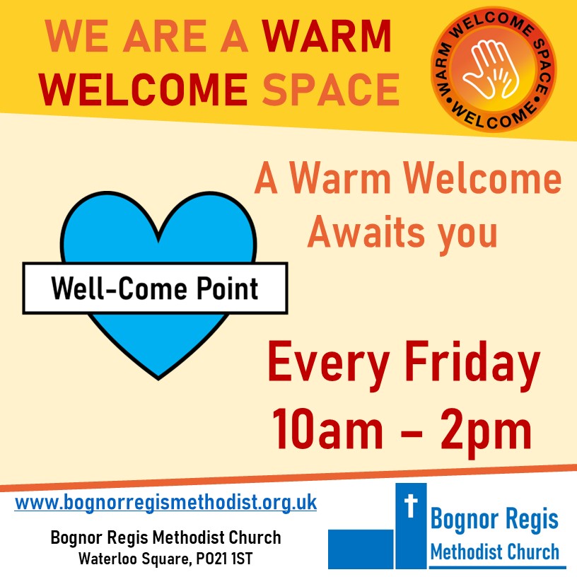 Well-Come Warm Spaces poster with the extended opening times 10am to 2pm, every Friday.