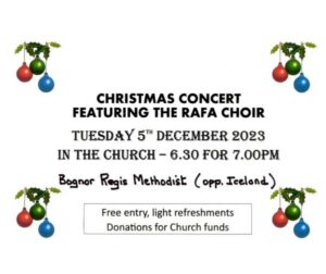 RAFA choir concert poster for Tuesday 5 December 2023, 6.30pm for 7pm at Bognor Regis Methodist Church