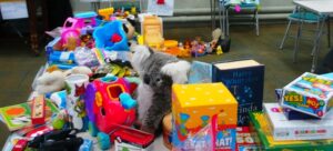 Tables of toys at the table-top sale.