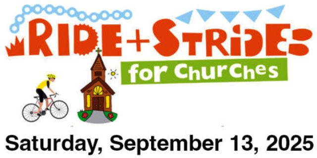 Ride and Stride 2025 banner with a cartoon picture of a cyclist and a church.