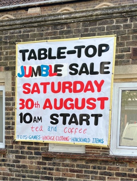Table top jumble sale banner, Saturday 30 August 2025 