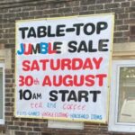 Multi-coloured banner for table-top sale in the hall, Saturday 30 August 2025, 10am start.