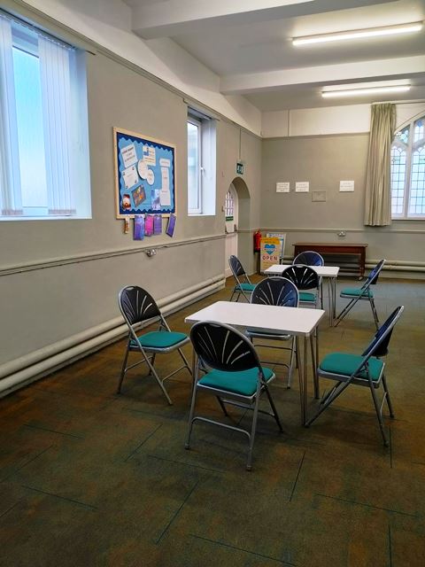 The church hall with its new heritage light green paint job.