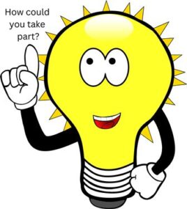Light bulb icartoon character with a sun shaped glow, asking "How could you take part?"
